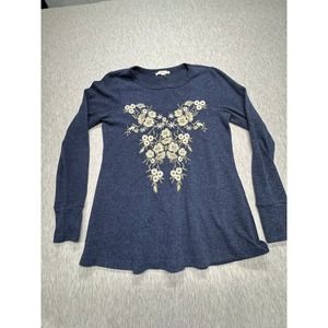 ANDREE BY UNIT Embroidered Top Size S Button Back Blue‎ Boho Gypsy Hippie